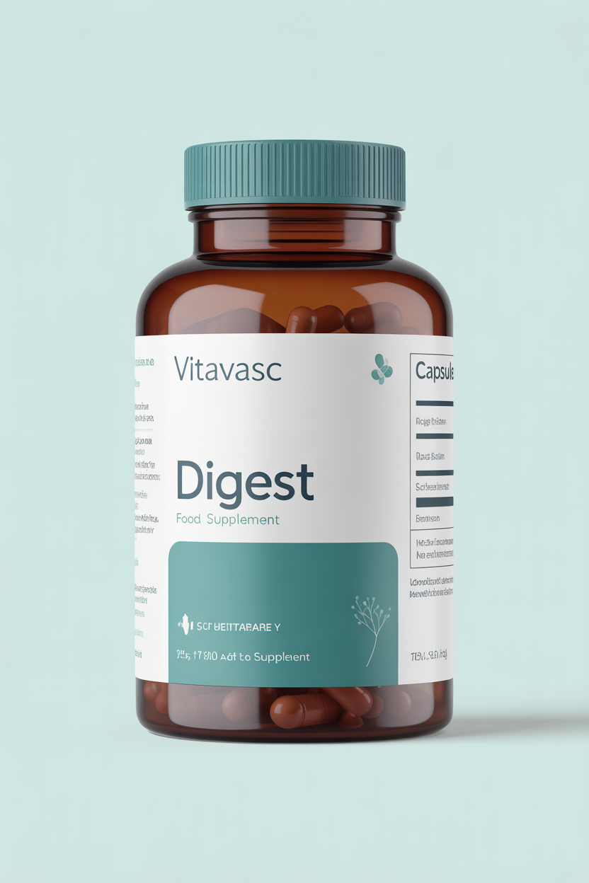 VitaVasc Digest food supplement bottle with teal branding